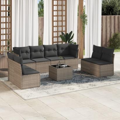 Set canapele de grădină, 9 piese, cu perne, gri, poliratan GartenMobel Dekor
