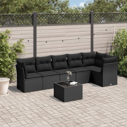 Set canapele de grădină cu perne, 7 piese, negru, poliratan GartenMobel Dekor