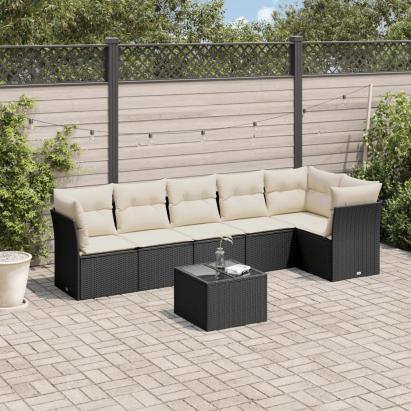 Set canapele de grădină cu perne, 7 piese, negru, poliratan GartenMobel Dekor