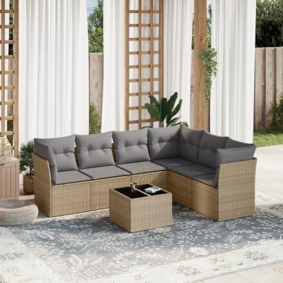 Set canapele de grădină, 7 piese, cu perne, bej, poliratan GartenMobel Dekor
