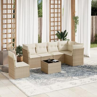 Set canapele de grădină, 7 piese, cu perne, bej, poliratan GartenMobel Dekor