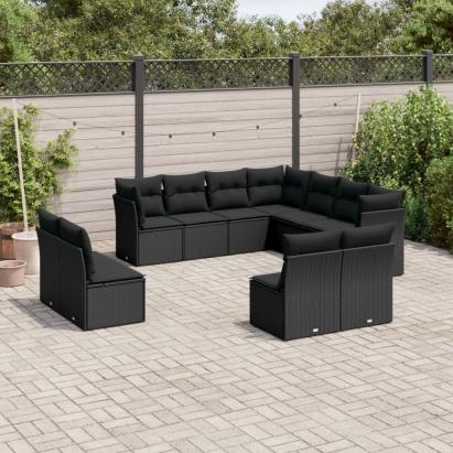 Set canapele de grădină cu perne, 11 piese, negru, poliratan GartenMobel Dekor