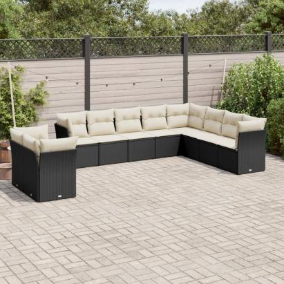 Set canapele de grădină cu perne, 10 piese, negru, poliratan GartenMobel Dekor