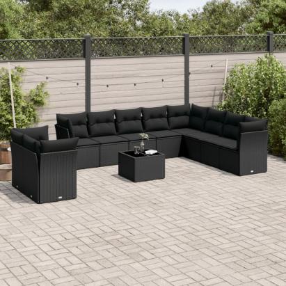 Set canapele de grădină cu perne, 11 piese, negru, poliratan GartenMobel Dekor
