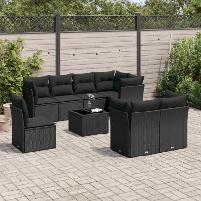 Set mobilier de grădină cu perne, 9 piese, negru, poliratan GartenMobel Dekor
