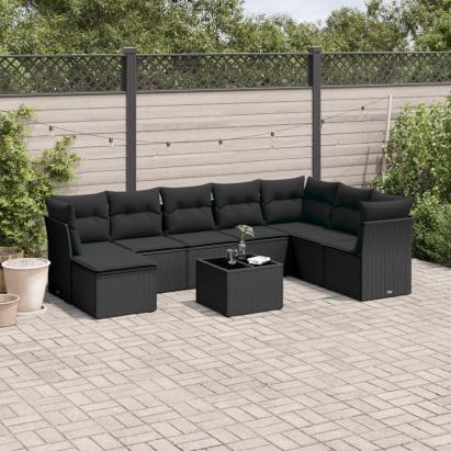 Set mobilier de grădină cu perne, 9 piese, negru, poliratan GartenMobel Dekor