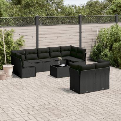 Set canapele de grădină cu perne, 10 piese, negru, poliratan GartenMobel Dekor