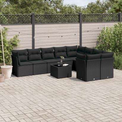 Set canapele de grădină cu perne, 10 piese, negru, poliratan GartenMobel Dekor