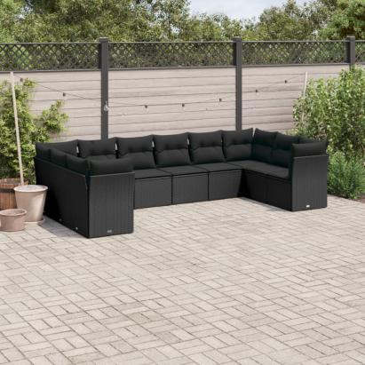 Set canapele de grădină cu perne, 10 piese, negru, poliratan GartenMobel Dekor