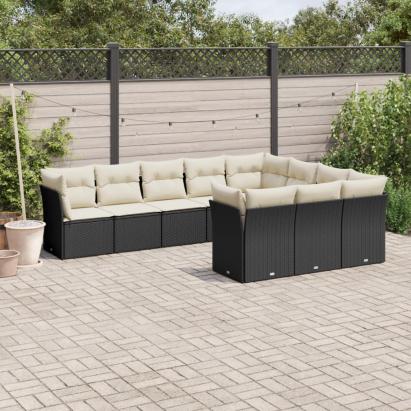Set canapele de grădină cu perne, 10 piese, negru, poliratan GartenMobel Dekor