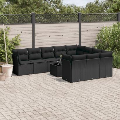Set canapele de grădină cu perne, 11 piese, negru, poliratan GartenMobel Dekor