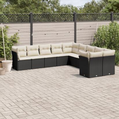 Set canapele de grădină cu perne, 10 piese, negru, poliratan GartenMobel Dekor