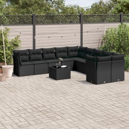 Set canapele de grădină cu perne, 11 piese, negru, poliratan GartenMobel Dekor