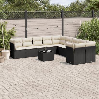 Set canapele de grădină cu perne, 11 piese, negru, poliratan GartenMobel Dekor
