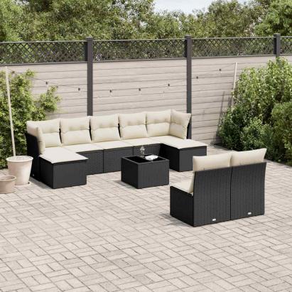 Set canapele de grădină cu perne, 10 piese, negru, poliratan GartenMobel Dekor