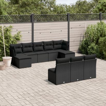 Set canapele de grădină cu perne, 10 piese, negru, poliratan GartenMobel Dekor