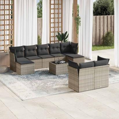 Set mobilier de grădină cu perne, 10 piese, gri, poliratan GartenMobel Dekor