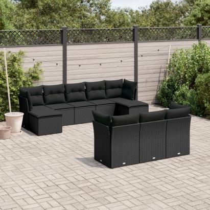 Set canapele de grădină cu perne, 10 piese, negru, poliratan GartenMobel Dekor