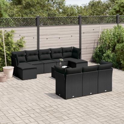 Set canapele de grădină cu perne, 11 piese, negru, poliratan GartenMobel Dekor