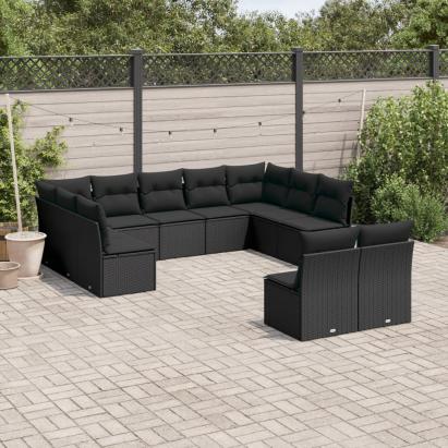 Set canapele de grădină cu perne, 11 piese, negru, poliratan GartenMobel Dekor