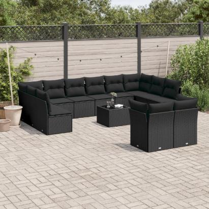 Set mobilier de grădină cu perne, 13 piese, negru, poliratan GartenMobel Dekor