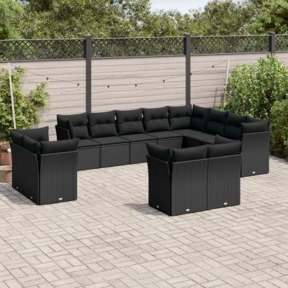 Set canapele de grădină, 12 piese, cu perne, negru, poliratan GartenMobel Dekor