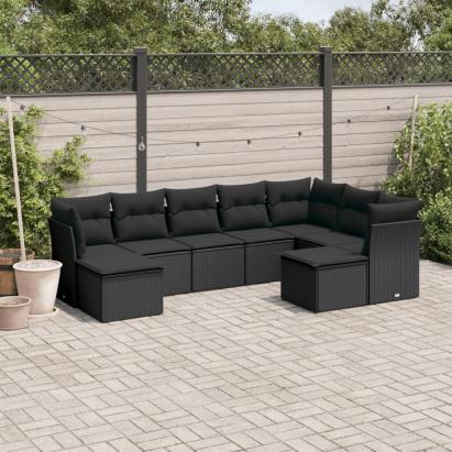 Set mobilier de grădină cu perne, 9 piese, negru, poliratan GartenMobel Dekor