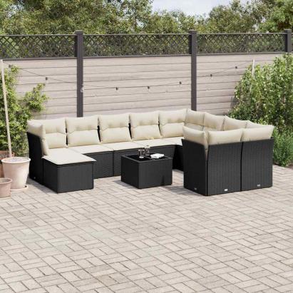 Set canapele de grădină cu perne, 11 piese, negru, poliratan GartenMobel Dekor