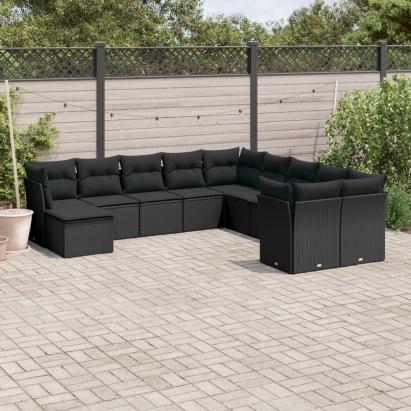 Set canapele de grădină cu perne, 11 piese, negru, poliratan GartenMobel Dekor