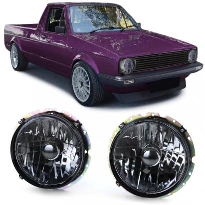 Faruri din sticlă clare cu fum negru H4, pereche, potrivite pentru VW Caddy I 82-92 + Jetta I 79-84 Performance AutoTuning