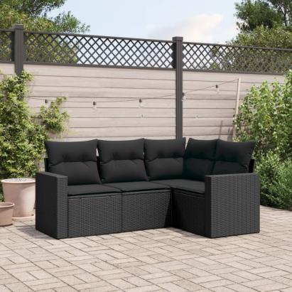 Set mobilier de grădină cu perne, 4 piese, negru, poliratan GartenMobel Dekor