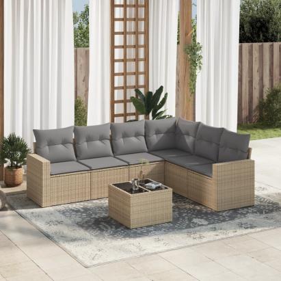 Set canapele de grădină, 7 piese, cu perne, bej, poliratan GartenMobel Dekor