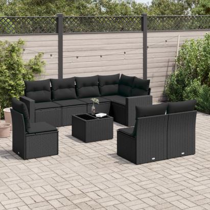 Set mobilier de grădină cu perne, 9 piese, negru, poliratan GartenMobel Dekor