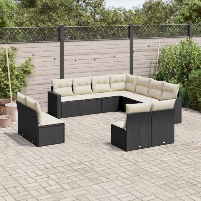 Set canapele de grădină cu perne, 11 piese, negru, poliratan GartenMobel Dekor