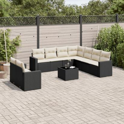 Set canapele de grădină cu perne, 10 piese, negru, poliratan GartenMobel Dekor