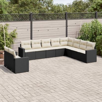 Set canapele de grădină cu perne, 10 piese, negru, poliratan GartenMobel Dekor