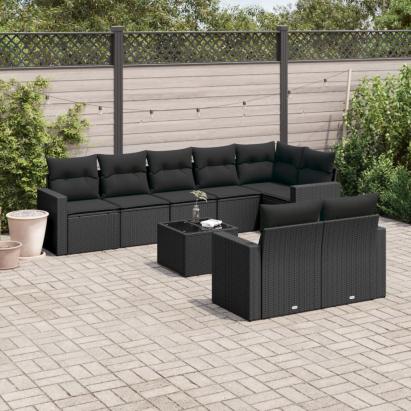 Set mobilier de grădină cu perne, 9 piese, negru, poliratan GartenMobel Dekor