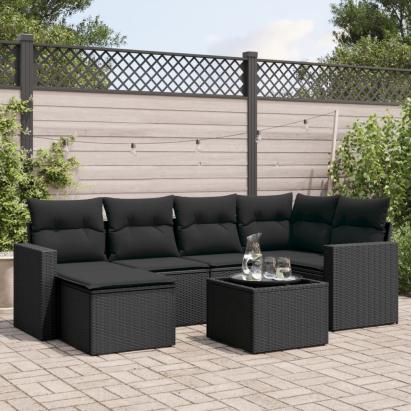Set canapele de grădină cu perne, 7 piese, negru, poliratan GartenMobel Dekor