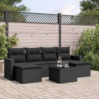 Set canapele de grădină cu perne, 7 piese, negru, poliratan GartenMobel Dekor