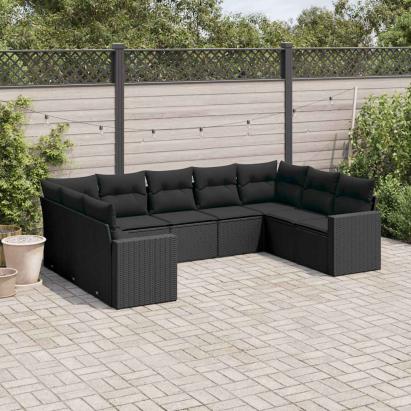Set mobilier de grădină cu perne, 9 piese, negru, poliratan GartenMobel Dekor