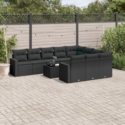 Set canapele de grădină cu perne, 11 piese, negru, poliratan GartenMobel Dekor