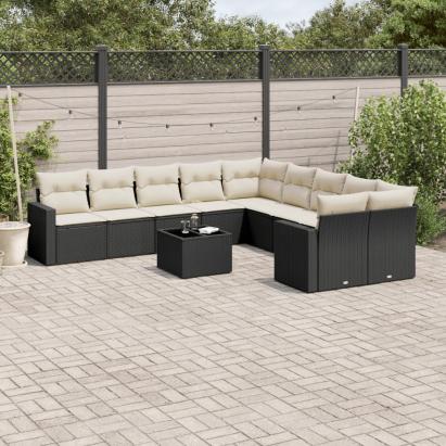 Set canapele de grădină cu perne, 11 piese, negru, poliratan GartenMobel Dekor