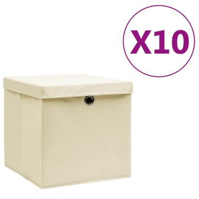 Cutii depozitare cu capace, 10 buc., crem, 28x28x28 cm GartenMobel Dekor