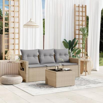 Set canapele de grădină, 4 piese, cu perne, bej, poliratan GartenMobel Dekor