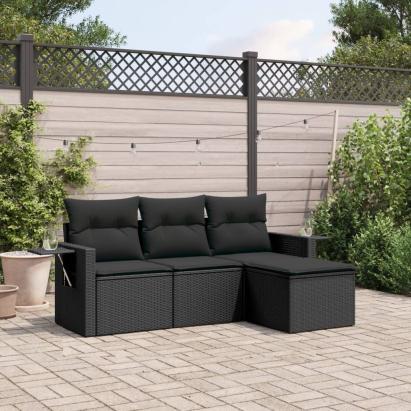 Set mobilier de grădină cu perne, 4 piese, negru, poliratan GartenMobel Dekor