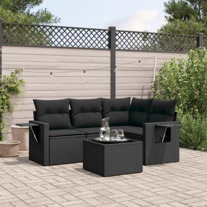 Set mobilier de grădină cu perne, 5 piese, negru, poliratan GartenMobel Dekor