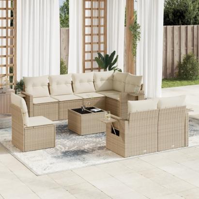 Set canapele de grădină, 9 piese, cu perne, bej, poliratan GartenMobel Dekor