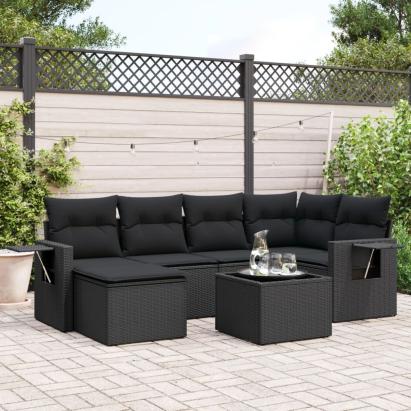 Set canapele de grădină cu perne, 7 piese, negru, poliratan GartenMobel Dekor