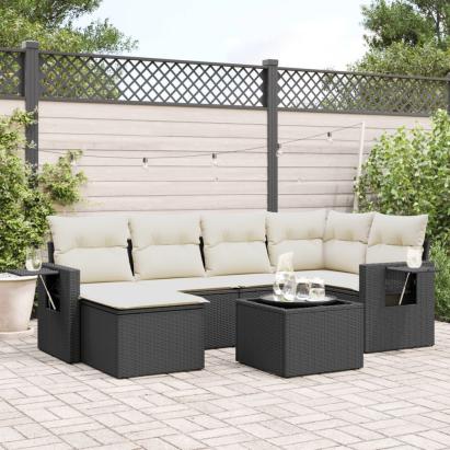 Set canapele de grădină cu perne, 7 piese, negru, poliratan GartenMobel Dekor
