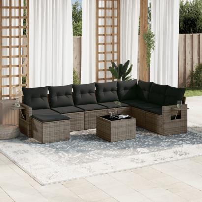 Set canapele de grădină, 9 piese, cu perne, gri, poliratan GartenMobel Dekor